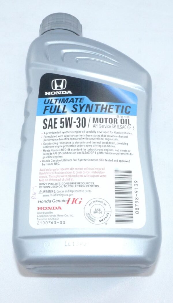 Genuine OEM 08798-9139 Honda 5W30 Ultimate Full Synthetic Motor Oil Quart Size - Image 2