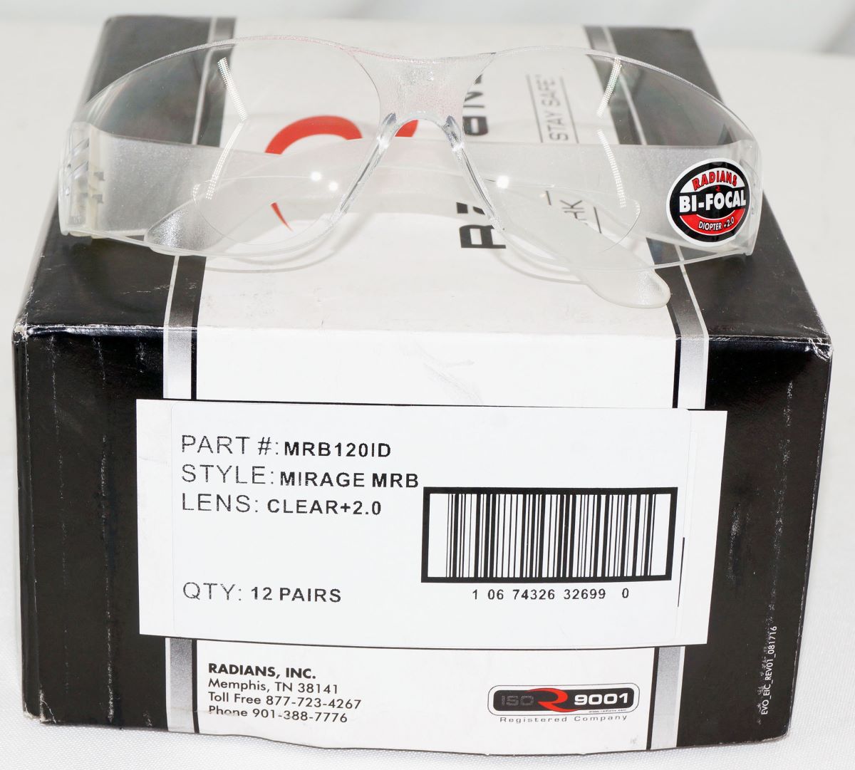 12 Pack MRB120ID RADIANS Glasses Mirage BI-Focal Clear 2.0 Diopter ANSI Z87.1