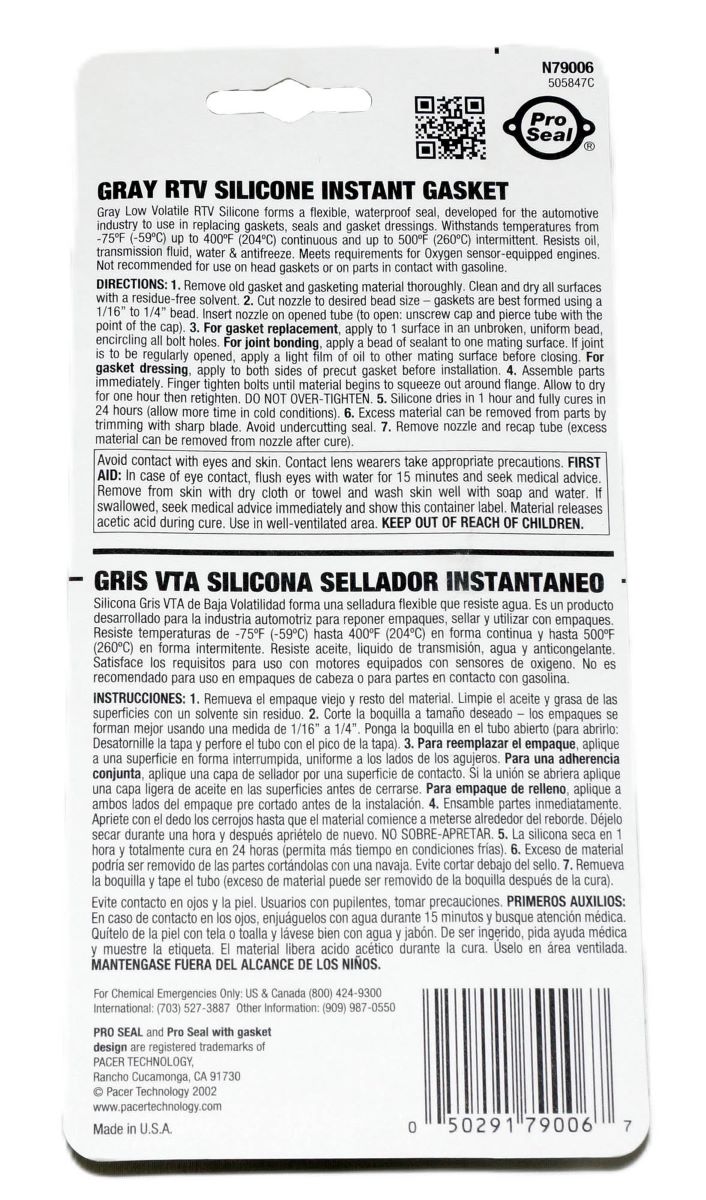 Pro-Seal 79006 Gray RTV Silicone Instant Gasket 3oz - Image 2