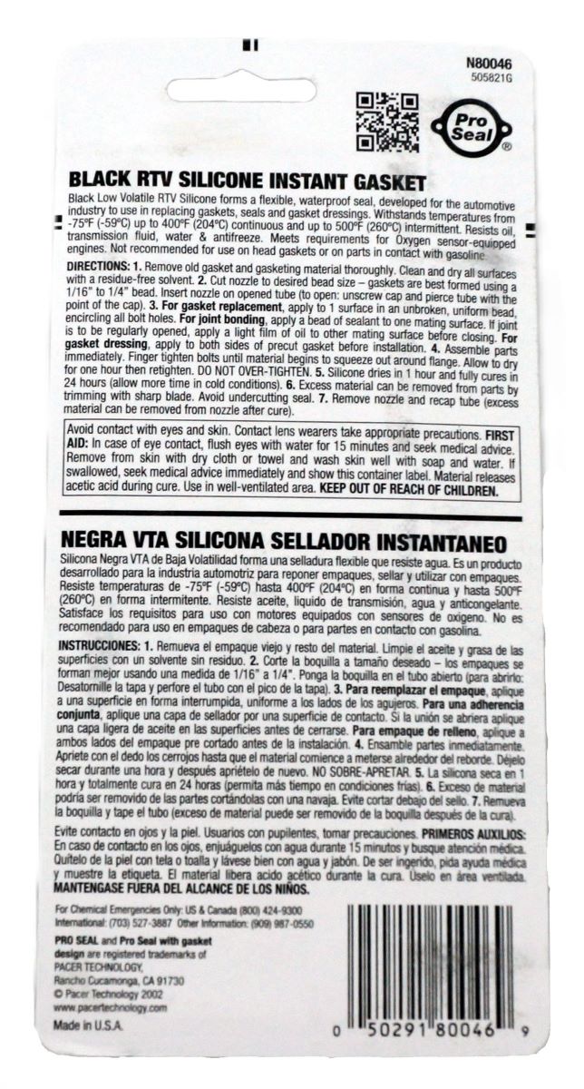 Pro-Seal 80046 Black RTV Silicone Instant Gasket 3oz - Image 2