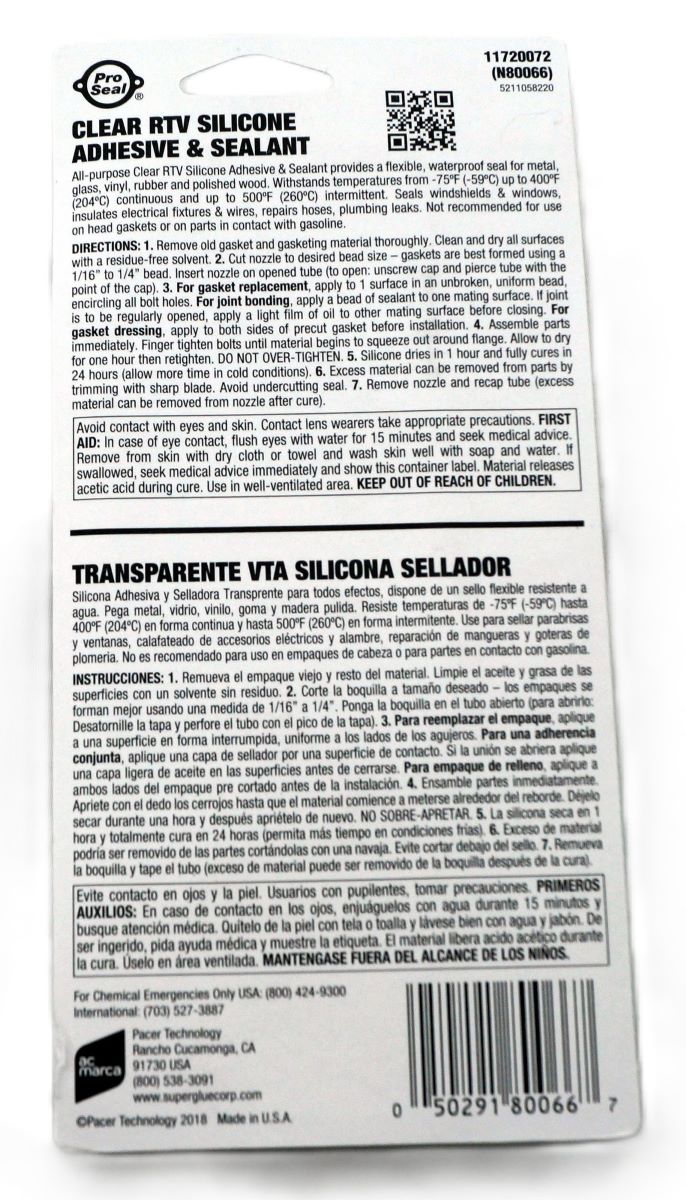 Pro-Seal 80066 Clear RTV Silicone Adhesive and Sealant 3oz - Image 2